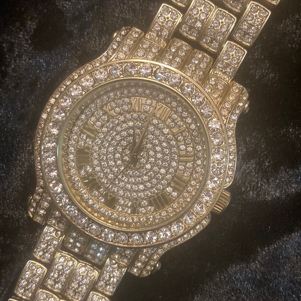 New Tecno Pave Rhinestone and Goldtone Watch